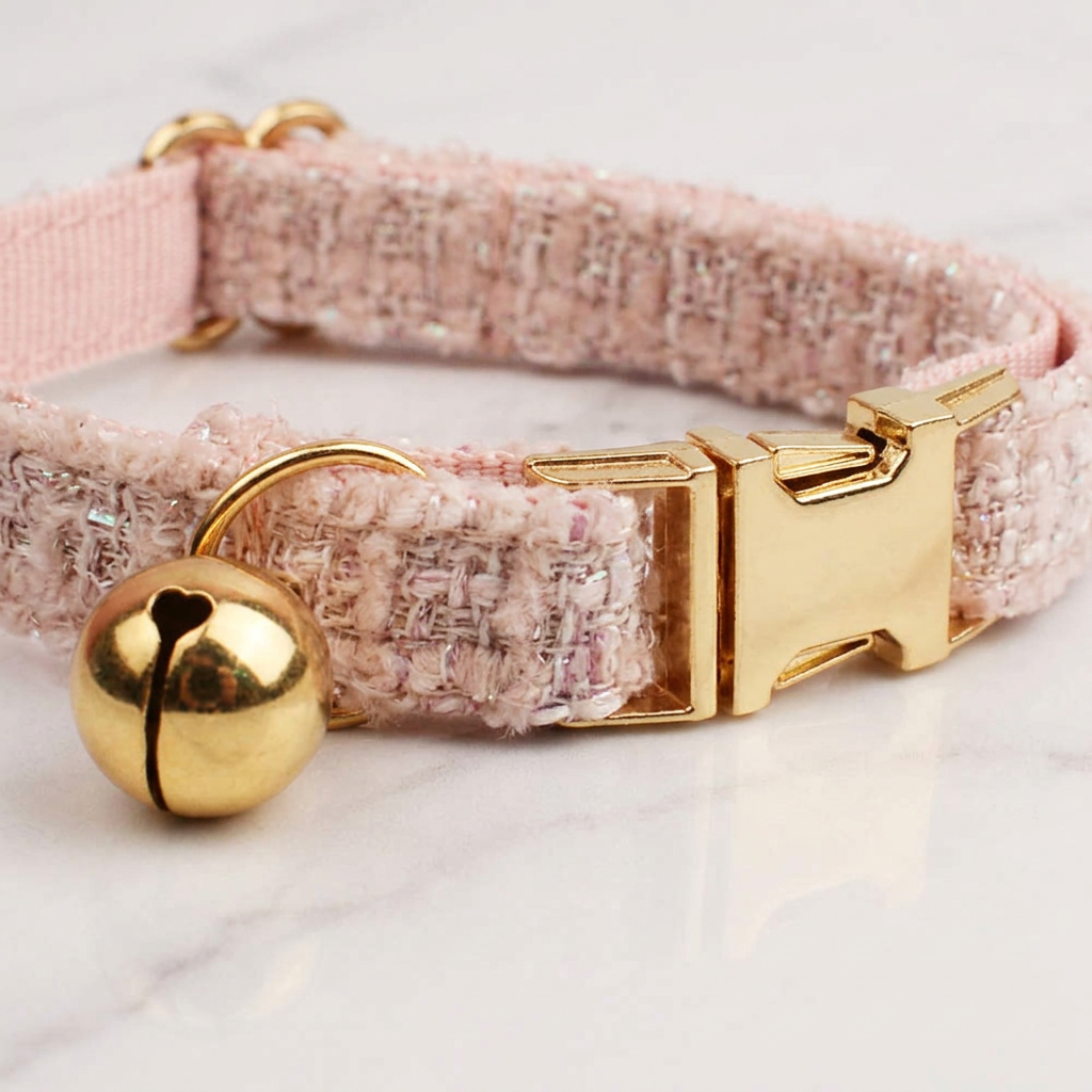 S Size Pink Chic Tweed Pet Collar - Polyester with Gold Bell and Adjustable view 2