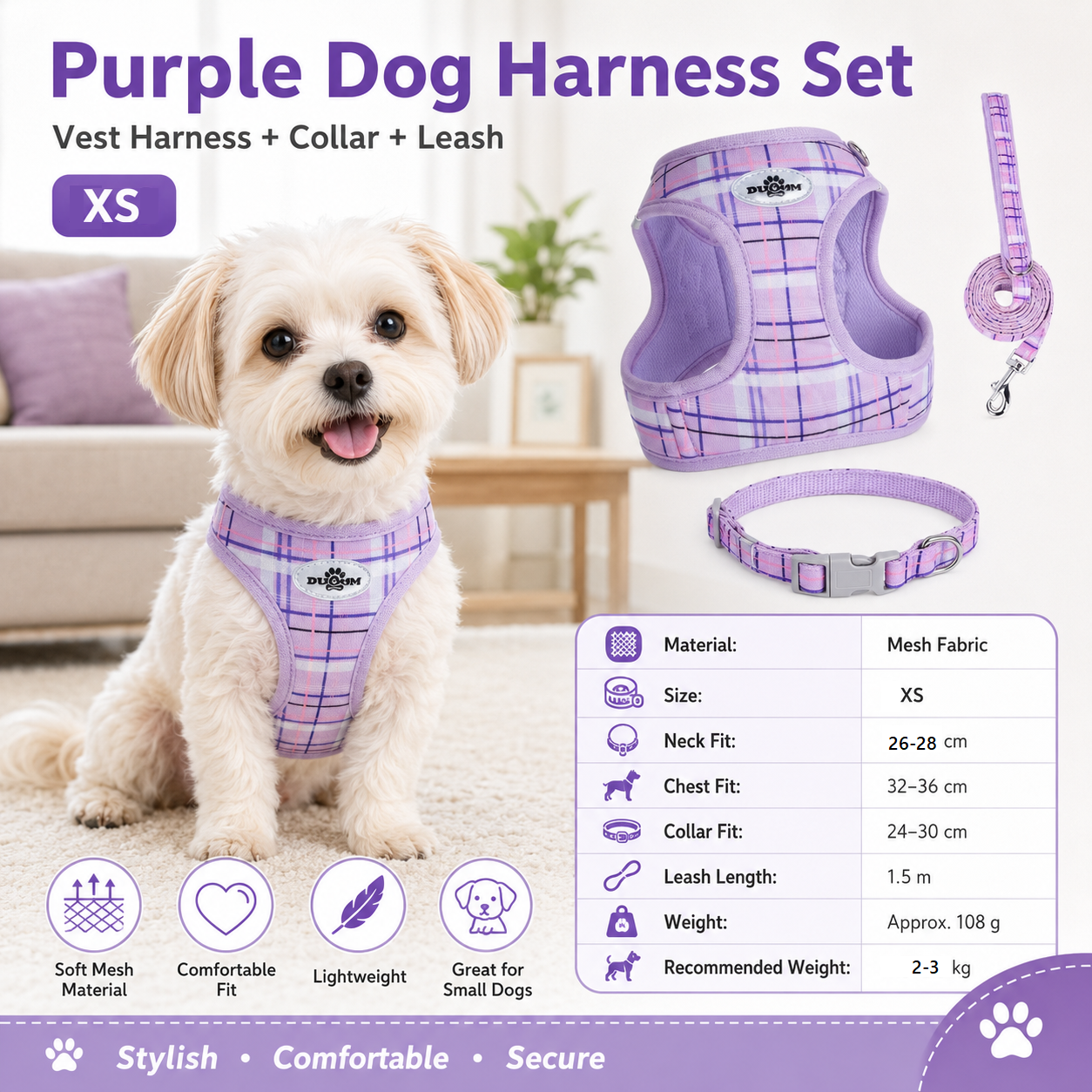 XS Size Purple Classic Plaid Dog Harness Set- Breathable Mesh Vest and — image 1