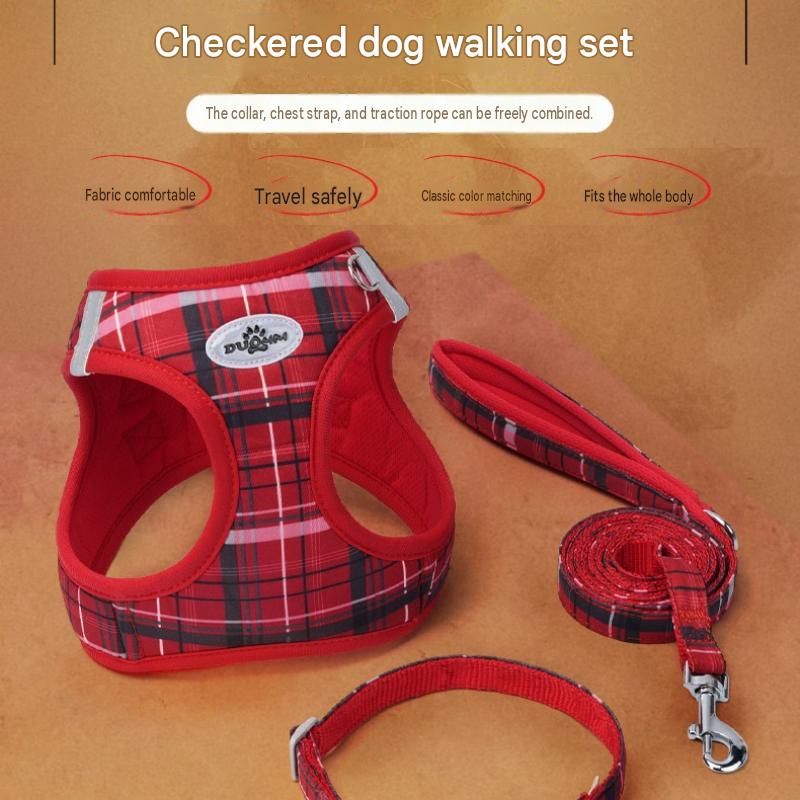 XS Size Beige Classic Plaid Dog Harness Set- Breathable Mesh Vest and view 3