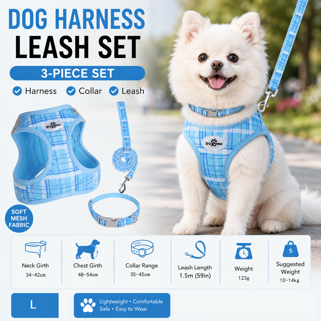 L Size Blue Classic Plaid Dog Harness Set- Breathable Mesh Vest and Adjustable — image 1