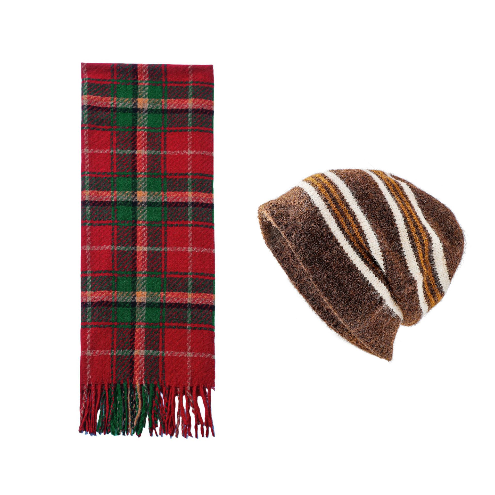 Brown + Red Striped Wool-Blend Beanie & Plaid Fringed Scarf Set — Soft Knit