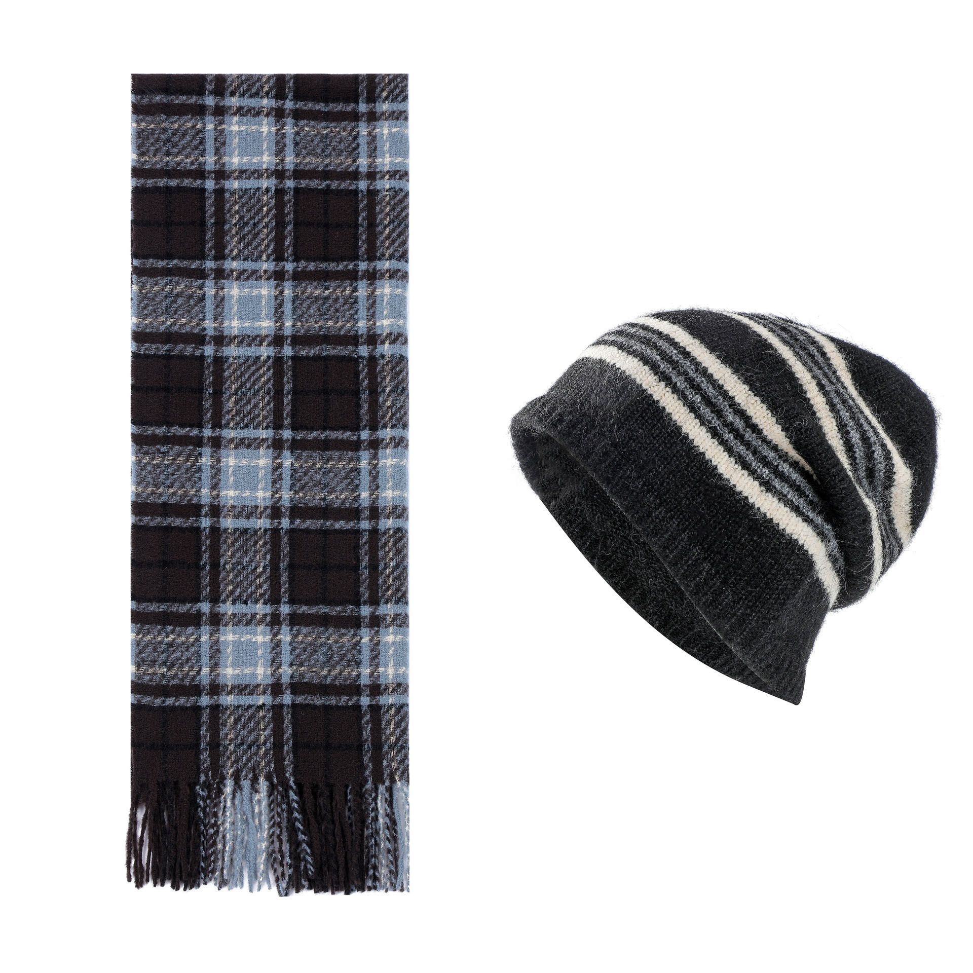 Black + Blue Striped Wool-Blend Beanie & Plaid Fringed Scarf Set — Soft Knit