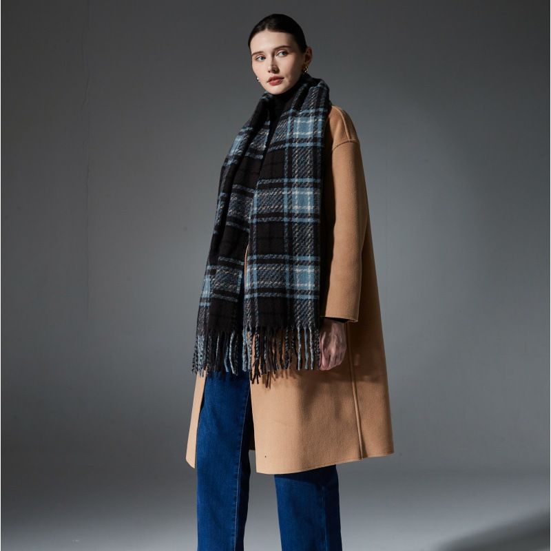 Black + Blue Striped Wool-Blend Beanie & Plaid Fringed Scarf Set — Soft Knit view 2