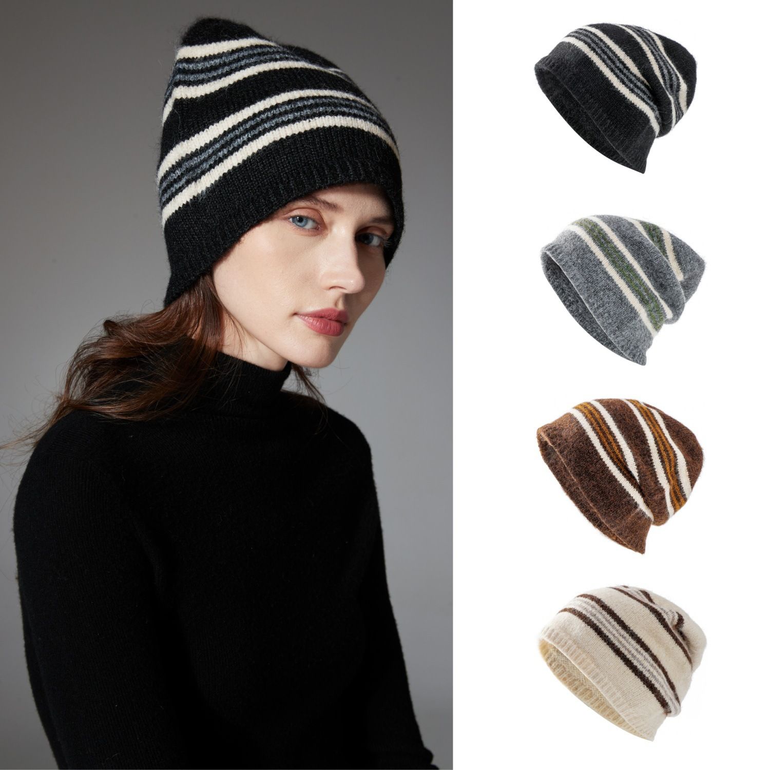 Black + Blue Striped Wool-Blend Beanie & Plaid Fringed Scarf Set — Soft Knit view 3