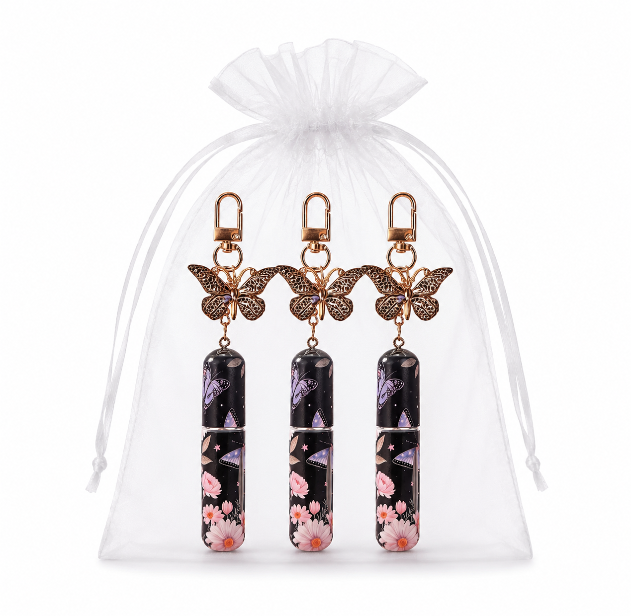 3 Pack Black 5ml Portable Perfume Atomizer Keychain Butterfly Charm Floral view 2