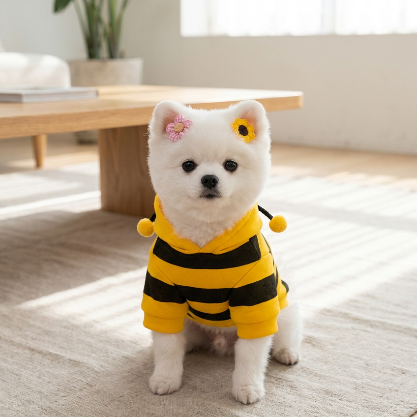 Size M Bee Fleece Hoodie Jumper for Small Dogs & Cats with 5 Hair Clips view 3