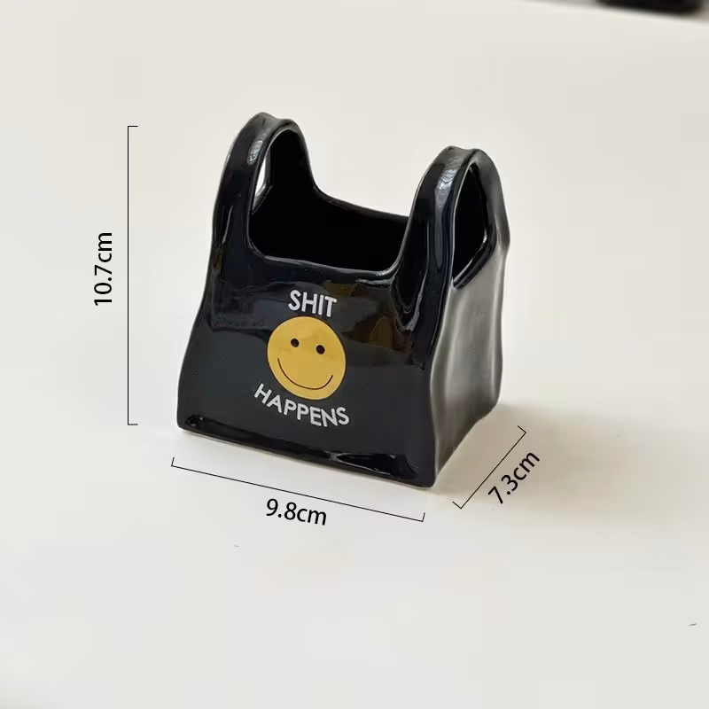 Black Ceramic Mini Tote Bag Pen Holder - Creative Desktop Storage Organizer view 5