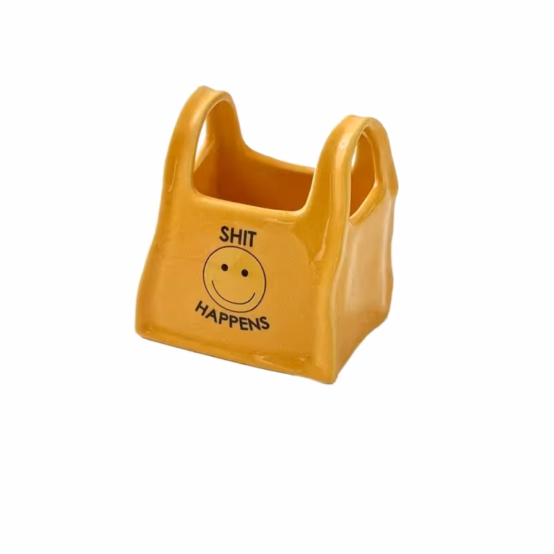 Yellow Ceramic Mini Tote Bag Pen Holder - Creative Desktop Storage Organizer