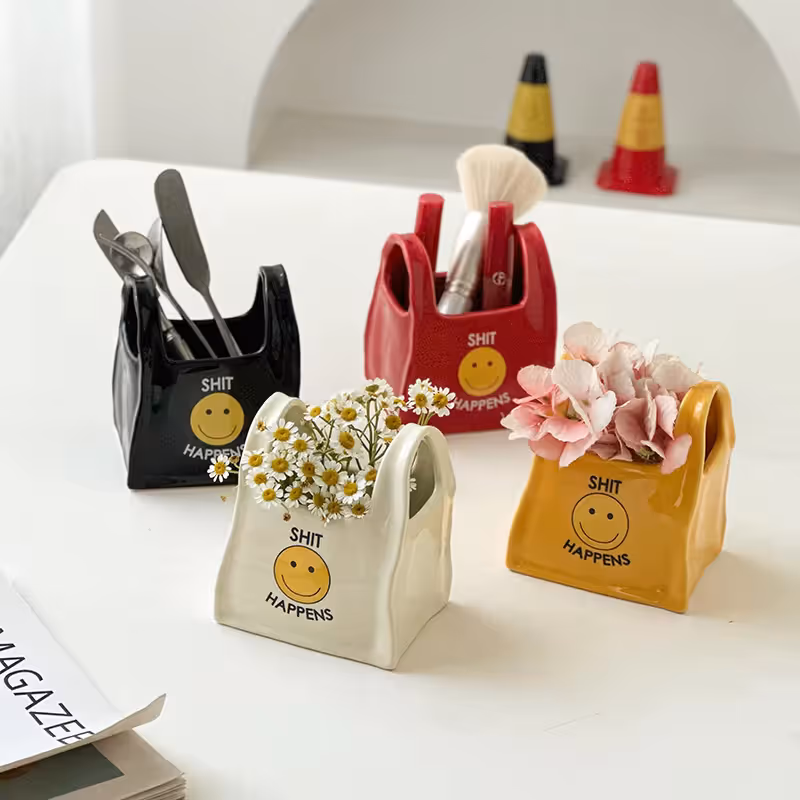 Yellow Ceramic Mini Tote Bag Pen Holder - Creative Desktop Storage Organizer view 3