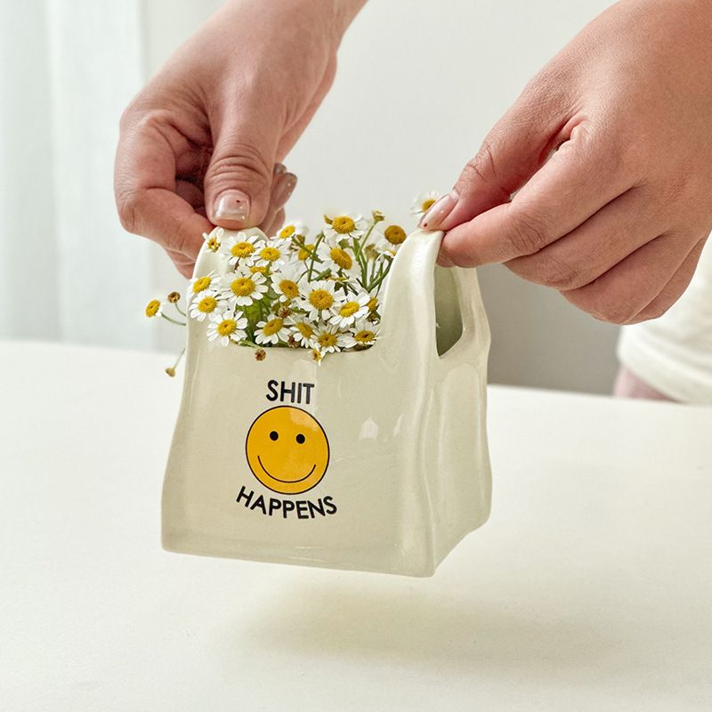 White Ceramic Mini Tote Bag Pen Holder - Creative Desktop Storage Organizer