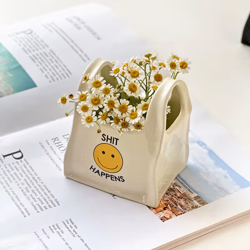 White Ceramic Mini Tote Bag Pen Holder - Creative Desktop Storage Organizer view 2
