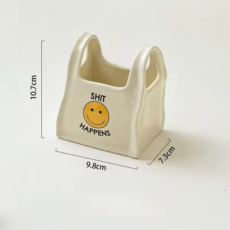 White Ceramic Mini Tote Bag Pen Holder - Creative Desktop Storage Organizer view 5