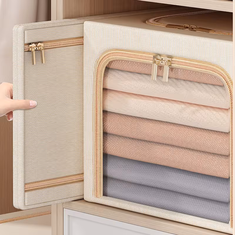 Khaki 56L Slim Foldable Clothes Storage Box Large Capacity Fabric Wardrobe view 2