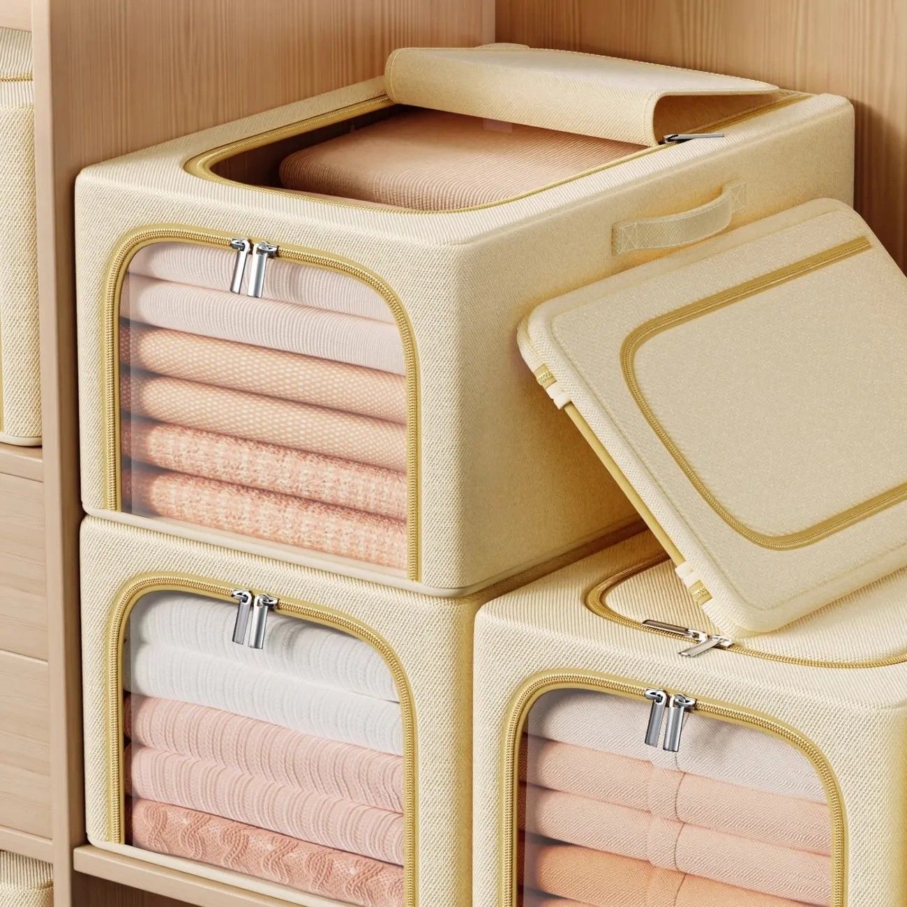 Khaki 56L Slim Foldable Clothes Storage Box Large Capacity Fabric Wardrobe view 4