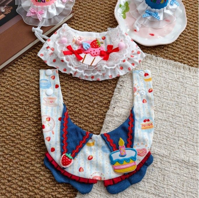 Size M Blue Pet Birthday Party Supplies Strawberry Cake Bib and Hat Set Cat view 5