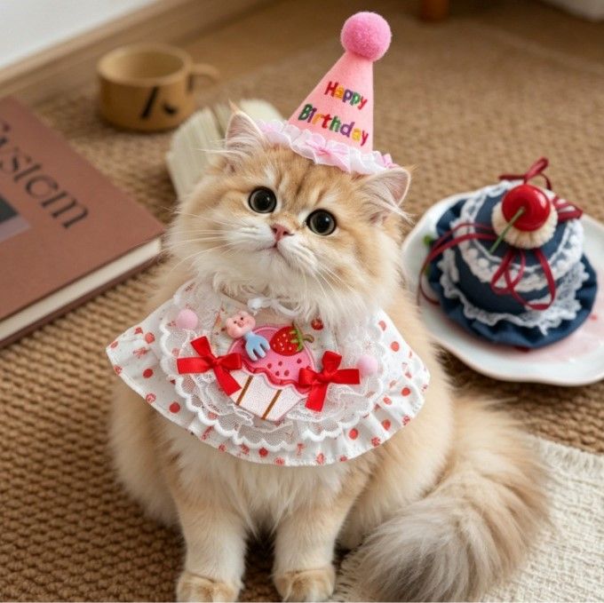Size M Pink Pet Birthday Party Supplies Strawberry Cake Bib and Hat Set Cat view 2