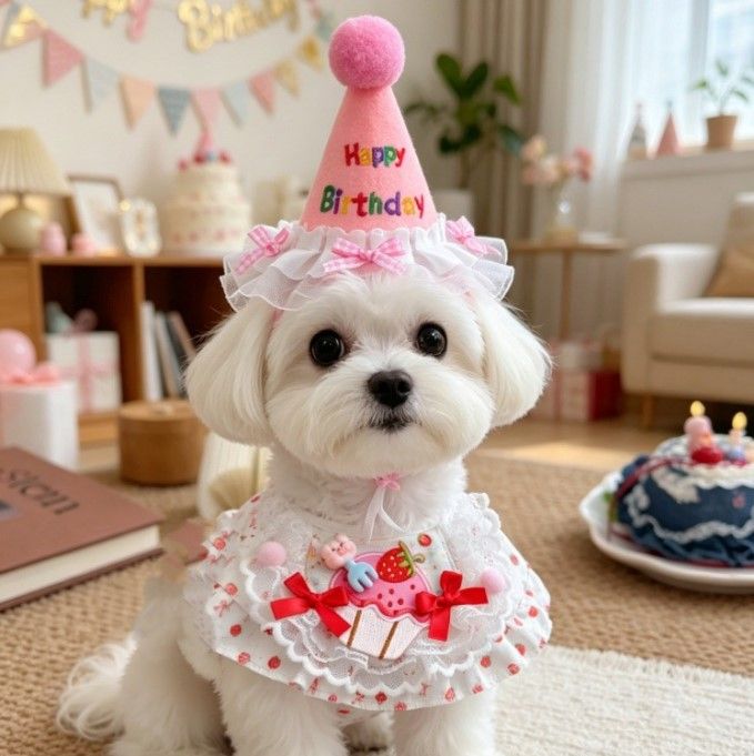 Size M Pink Pet Birthday Party Supplies Strawberry Cake Bib and Hat Set Cat view 3