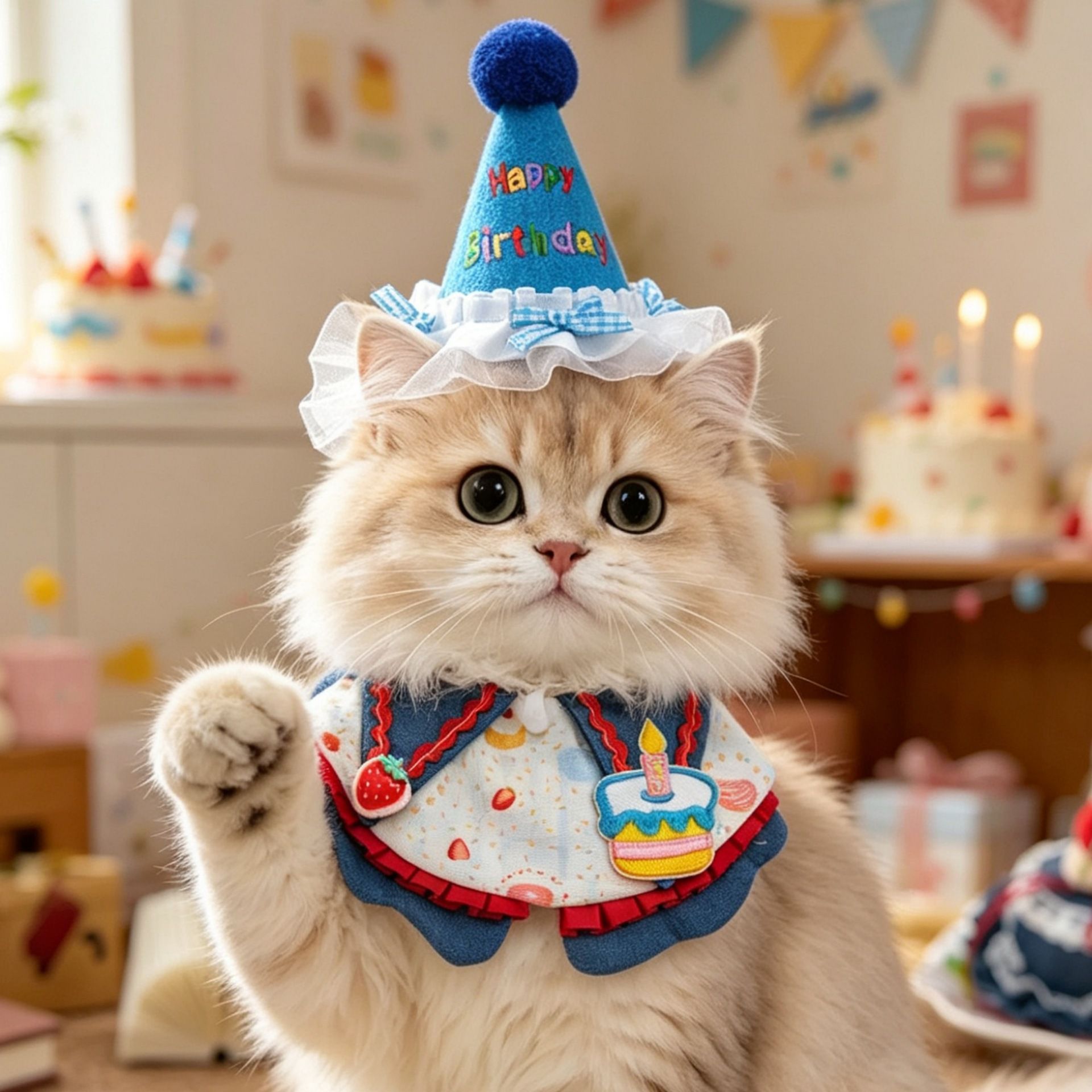 Size L Blue Pet Birthday Party Supplies Strawberry Cake Bib and Hat Set Cat view 2