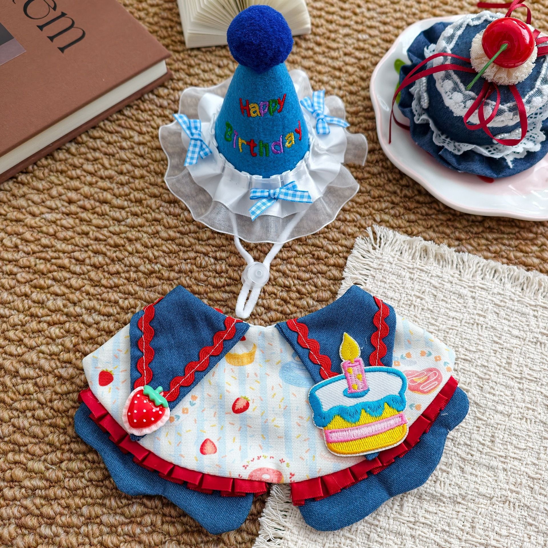 Size L Blue Pet Birthday Party Supplies Strawberry Cake Bib and Hat Set Cat view 3