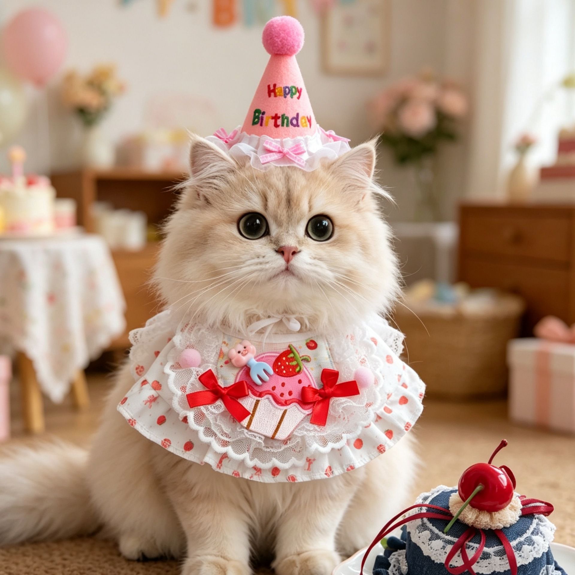 Size L Pink Pet Birthday Party Supplies Strawberry Cake Bib and Hat Set Cat view 3