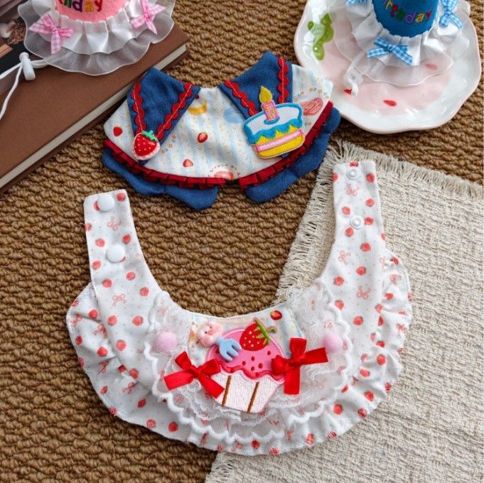 Size L Pink Pet Birthday Party Supplies Strawberry Cake Bib and Hat Set Cat view 5