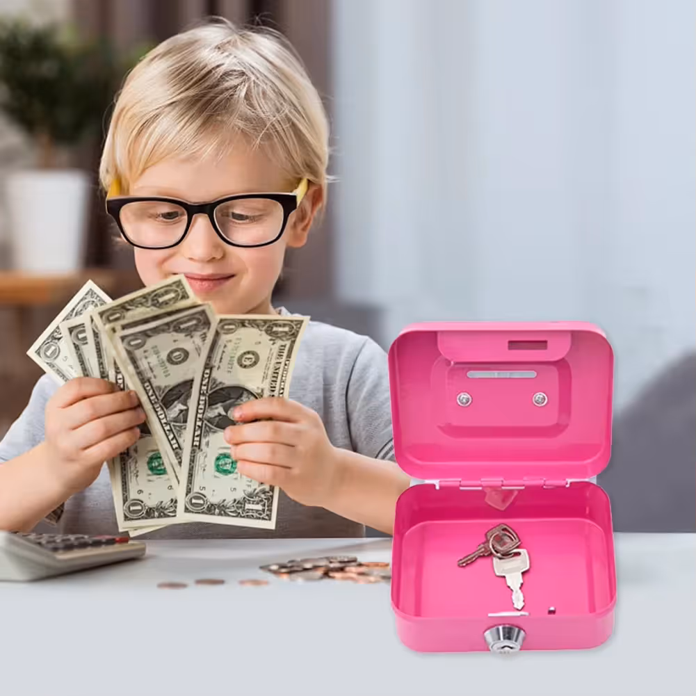 Pink Lockable Metal Cash Box with Coin Slot Portable Money Storage Box Small view 2