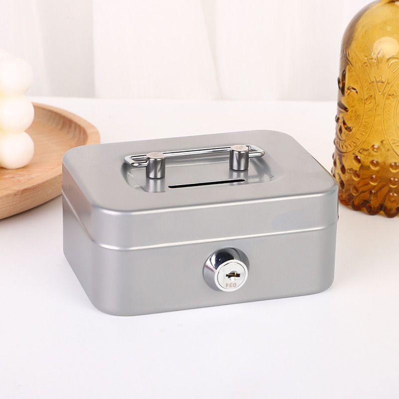 Gray Lockable Metal Cash Box with Coin Slot Portable Money Storage Box Small
