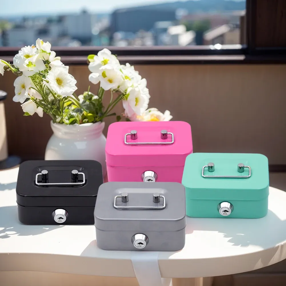 Gray Lockable Metal Cash Box with Coin Slot Portable Money Storage Box Small view 4