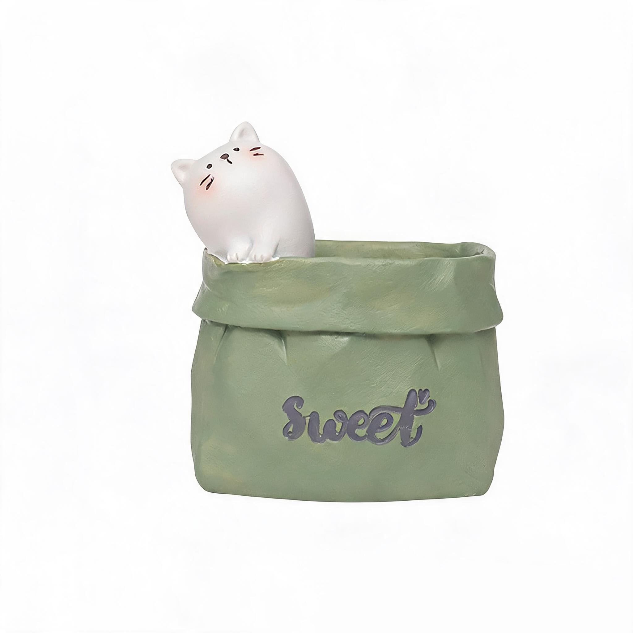 Creative Animal-Themed "Paper Bag" Pen Holder (Cat) — Resin Desktop Organizer