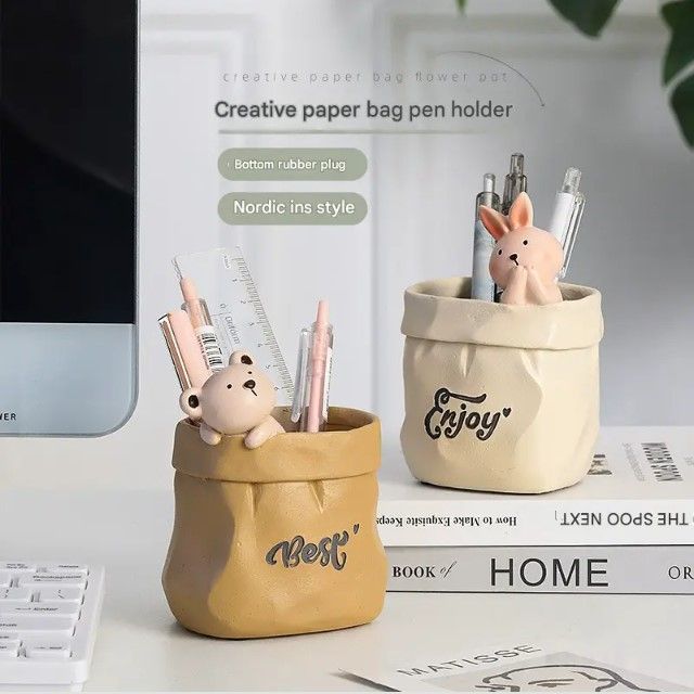 Creative Animal-Themed "Paper Bag" Pen Holder (Cat) — Resin Desktop Organizer view 4