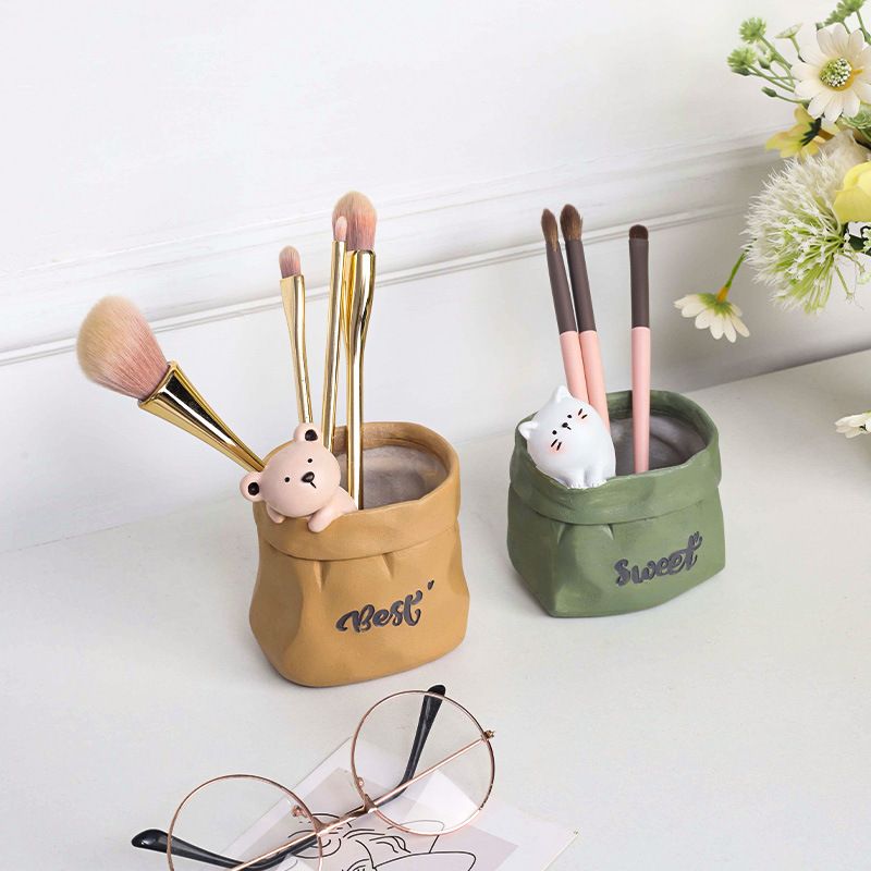 Creative Animal-Themed "Paper Bag" Pen Holder (Cat) — Resin Desktop Organizer view 5