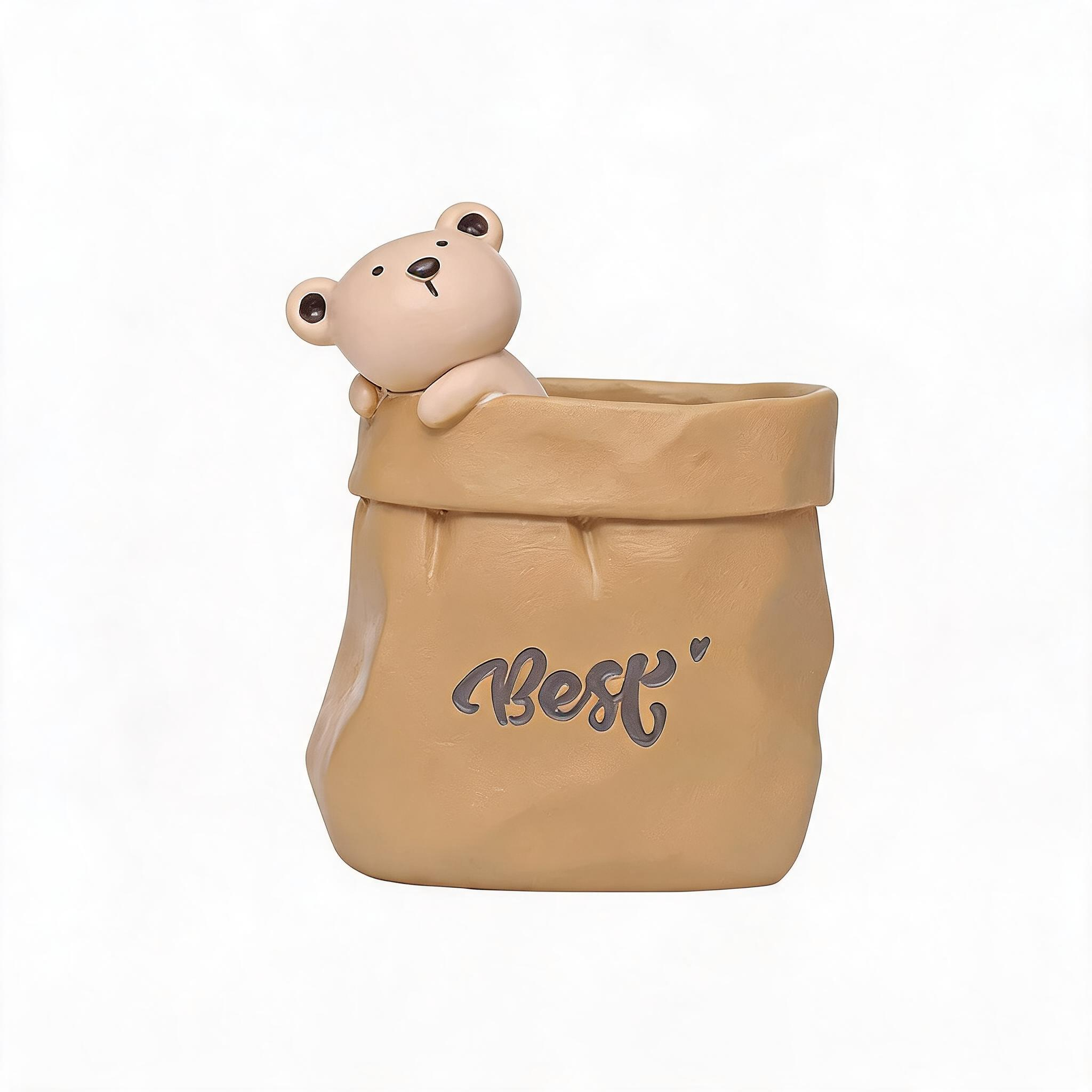 Creative Animal-Themed "Paper Bag" Pen Holder (Bear) — Resin Desktop Organizer