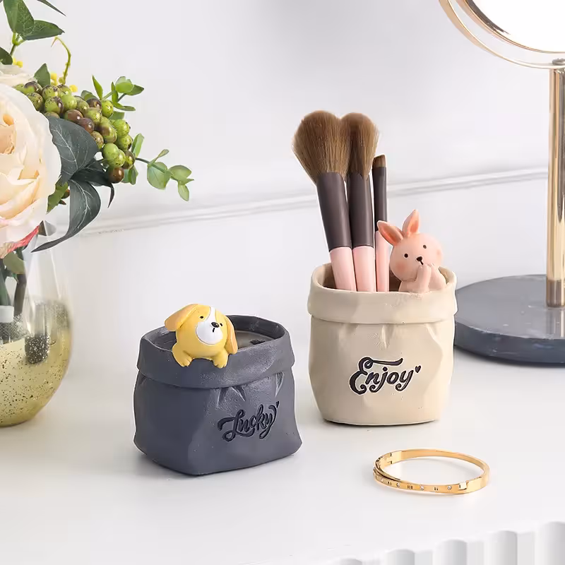 Creative Animal-Themed "Paper Bag" Pen Holder (Bear) — Resin Desktop Organizer view 3