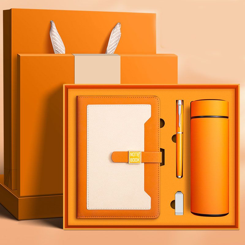 Orange A5 Business Notebook Gift Set with Vacuum Flask Pen and 16GB USB Drive