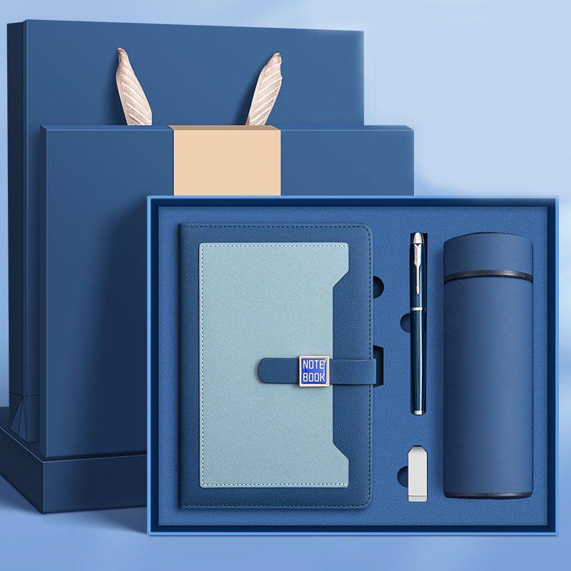 Blue A5 Business Notebook Gift Set with Vacuum Flask Pen and 16GB USB Drive