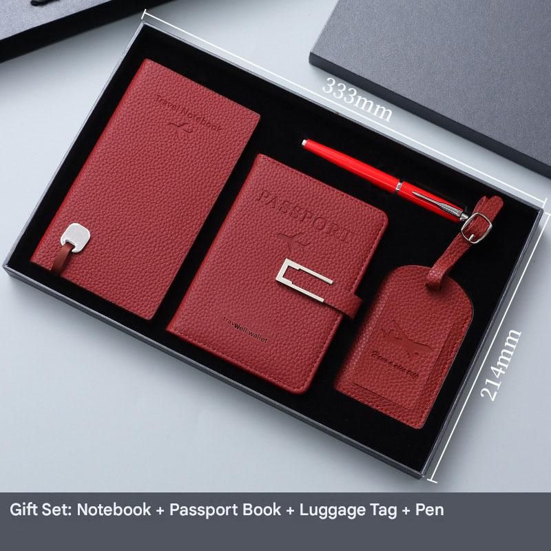 Red Travel Passport Holder and Notebook Gift Set with Luggage Tag & Metal Pen
