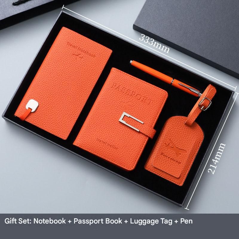 Orange Travel Passport Holder and Notebook Gift Set with Luggage Tag & Metal