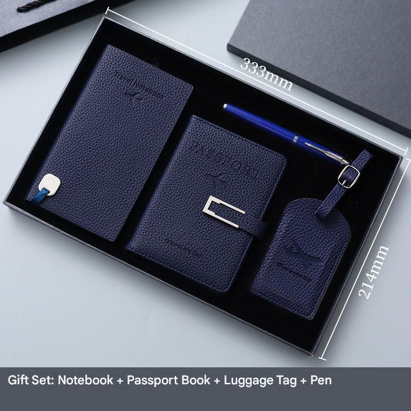 Dark Blue Travel Passport Holder and Notebook Gift Set with Luggage Tag &