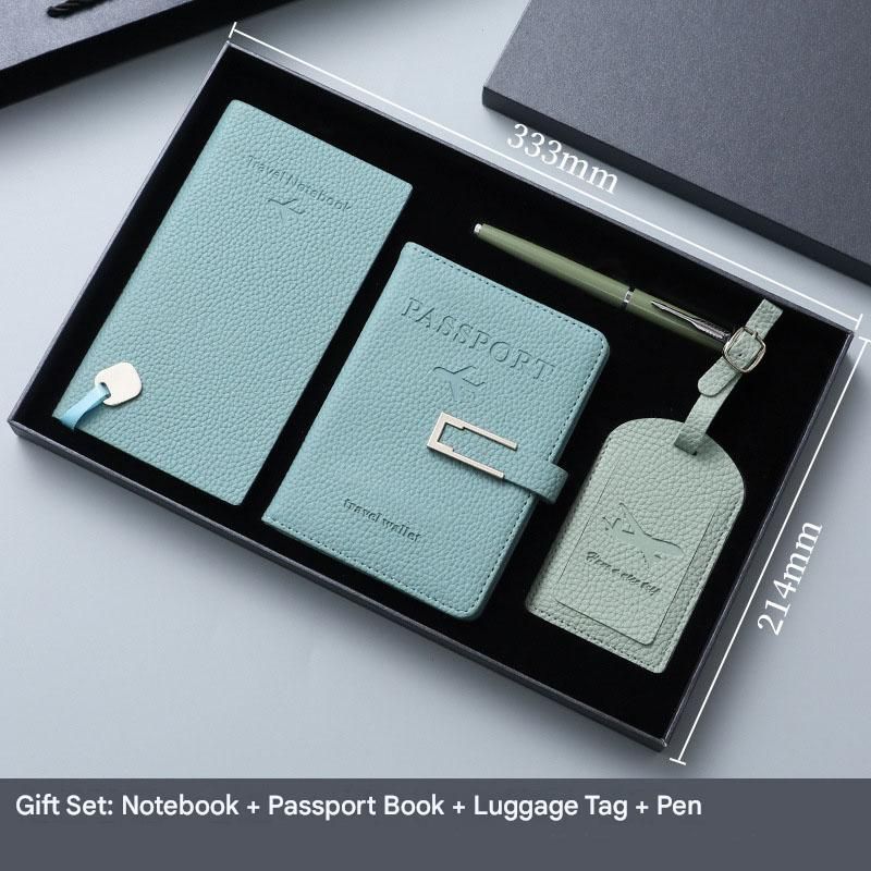 Sky Blue Travel Passport Holder and Notebook Gift Set with Luggage Tag & Metal