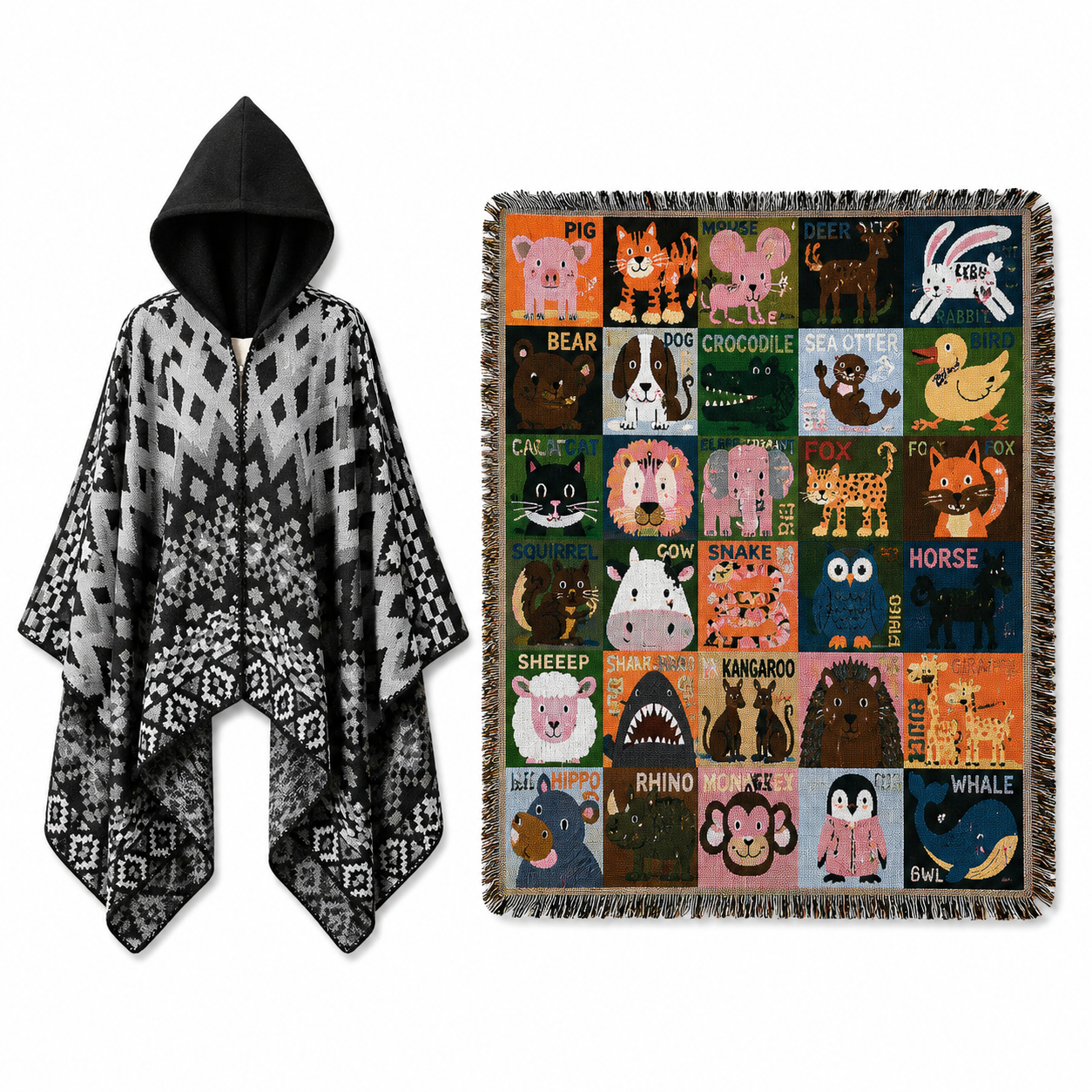 Black Warm Hooded Poncho Shawl and Animal Pattern Throw Blanket Set for Sofa