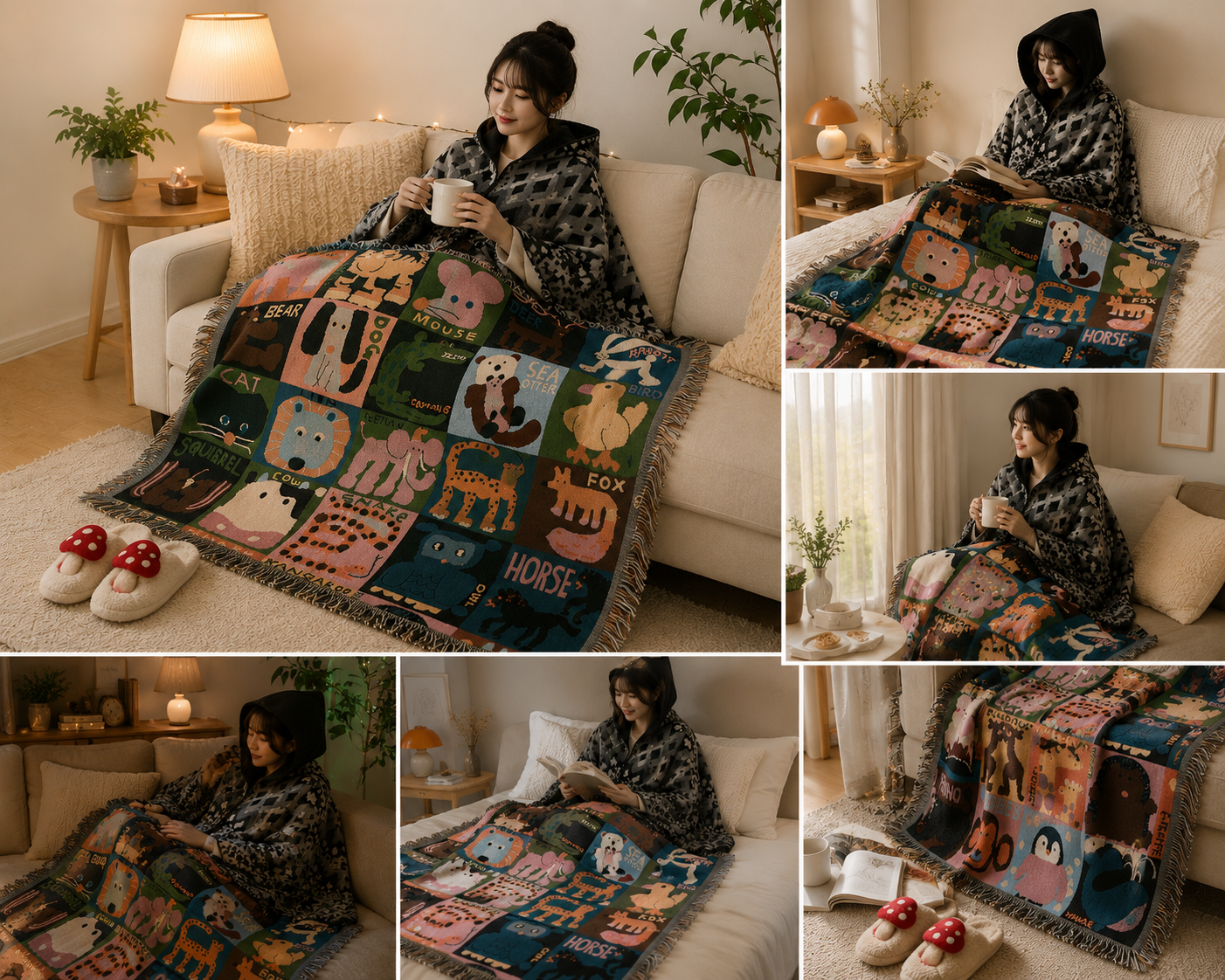 Black Warm Hooded Poncho Shawl and Animal Pattern Throw Blanket Set for Sofa view 2