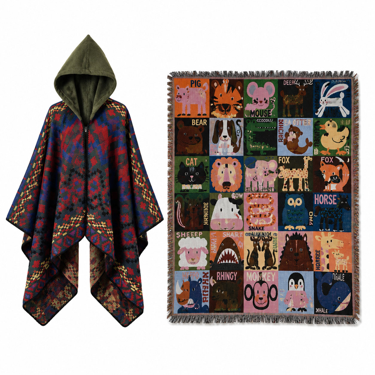 Blue-green Warm Hooded Poncho Shawl and Animal Pattern Throw Blanket Set for Sofa