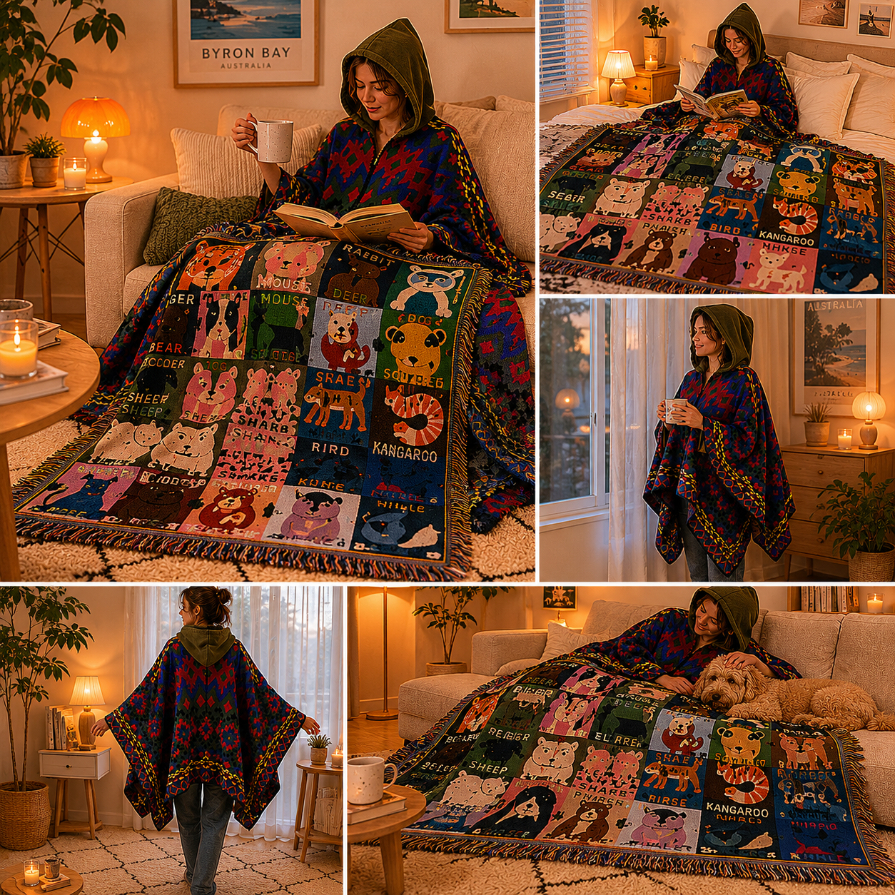 Blue-green Warm Hooded Poncho Shawl and Animal Pattern Throw Blanket Set for Sofa view 3