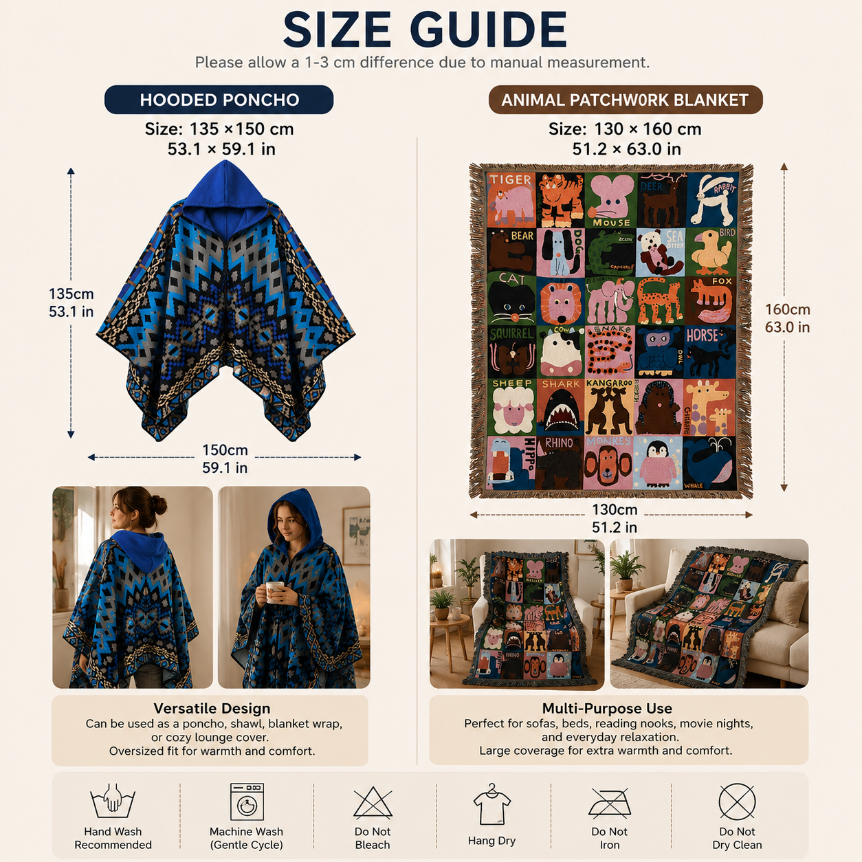Blue-green Warm Hooded Poncho Shawl and Animal Pattern Throw Blanket Set for Sofa view 4