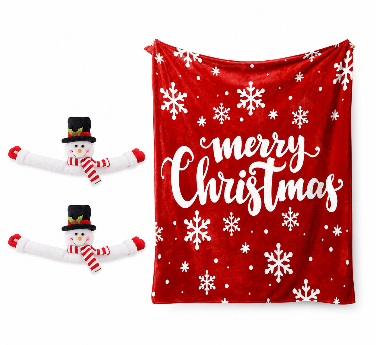 Christmas Flannel Throw Blanket and Snowman Curtain Tieback Set