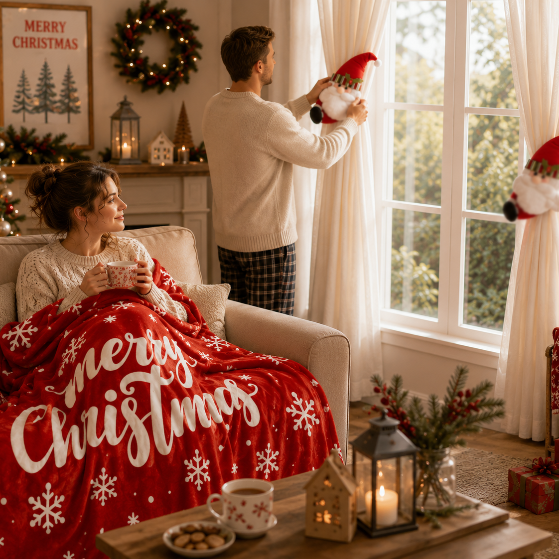 Christmas Flannel Throw Blanket and Santa Curtain Tieback Set view 2