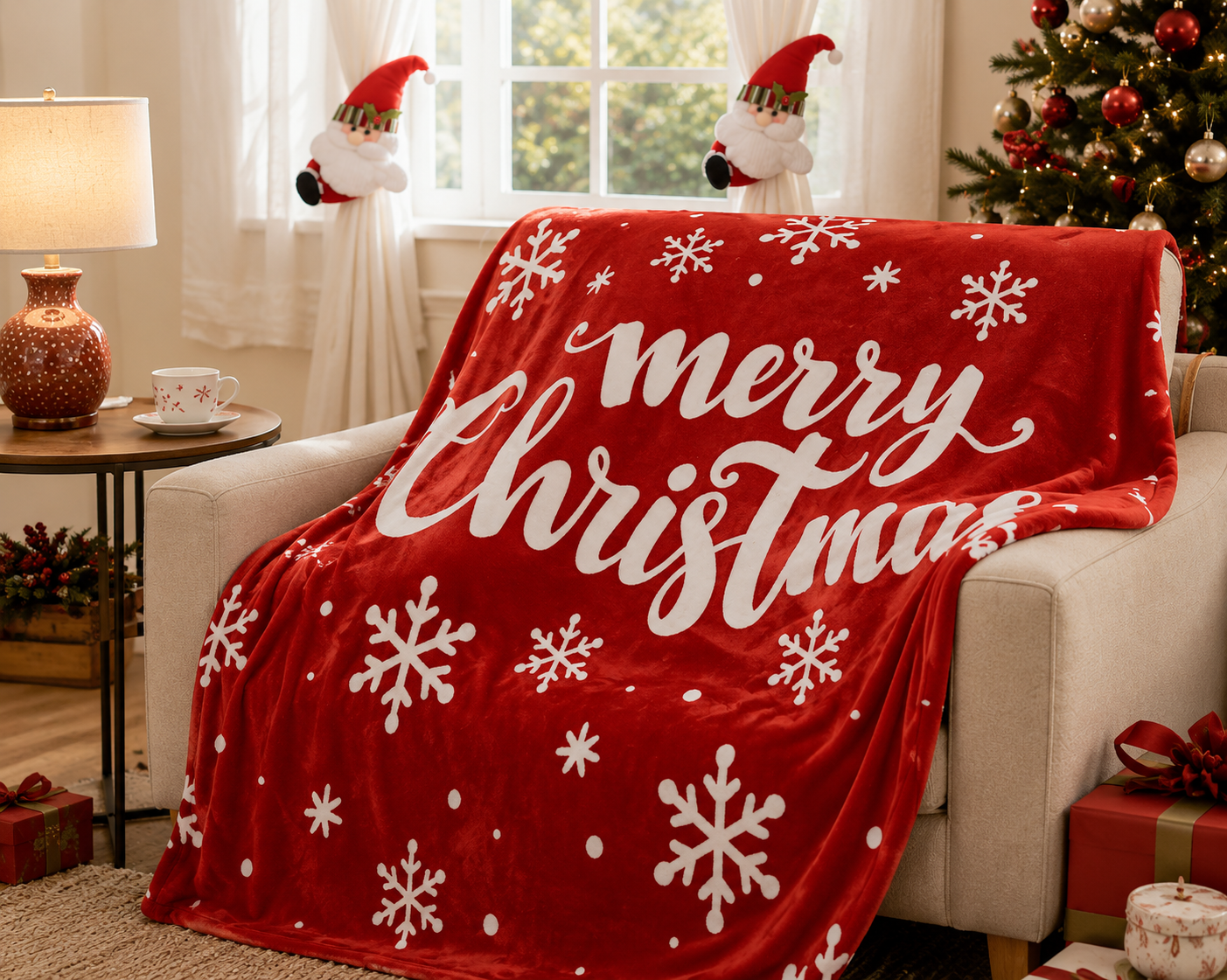 Christmas Flannel Throw Blanket and Santa Curtain Tieback Set view 3