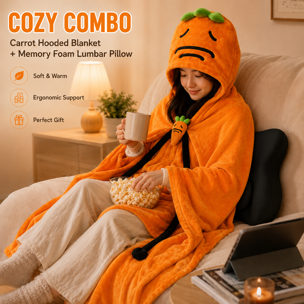 Carrot Hooded Blanket with Black Memory Foam Lumbar Support Pillow view 2