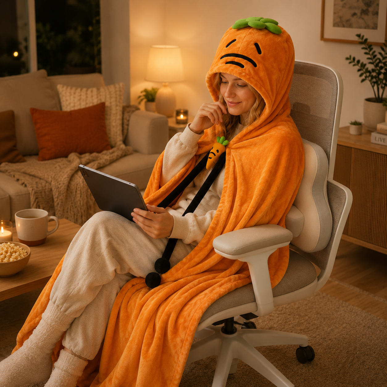 Carrot Hooded Blanket with Beige-grey Memory Foam Lumbar Support Pillow view 2