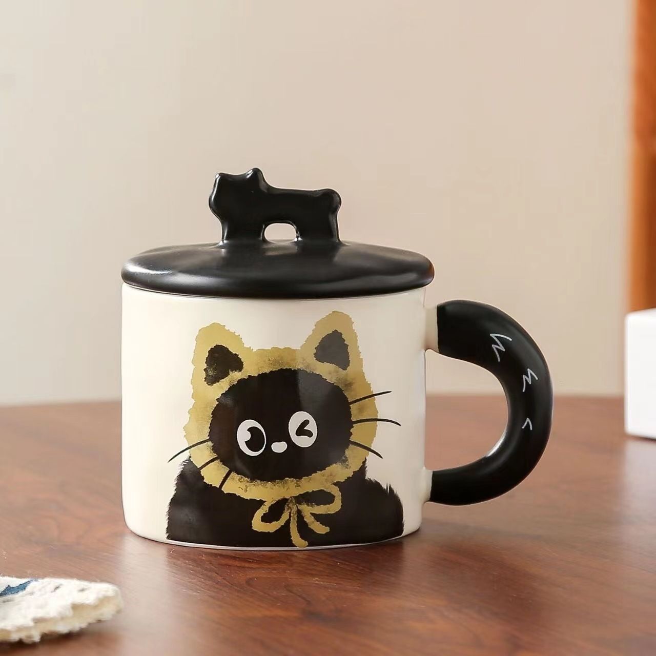 Yellow Cute Cat Ceramic Mug with Lid 360ml